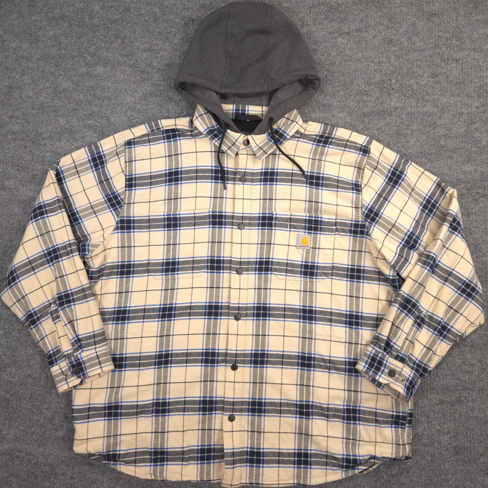 Carhartt Flannel Shirt Jacket Mens 2XL Cream Plaid Hooded Fleece Lined Relaxed